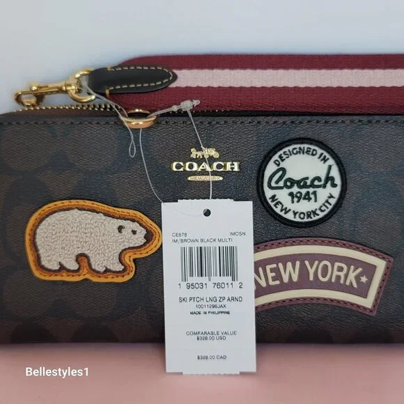 COACH Signature Canvas With Ski Patches Zip-Around Wallet/Wristlet-Brown Black⭐ - Picture 15 of 16